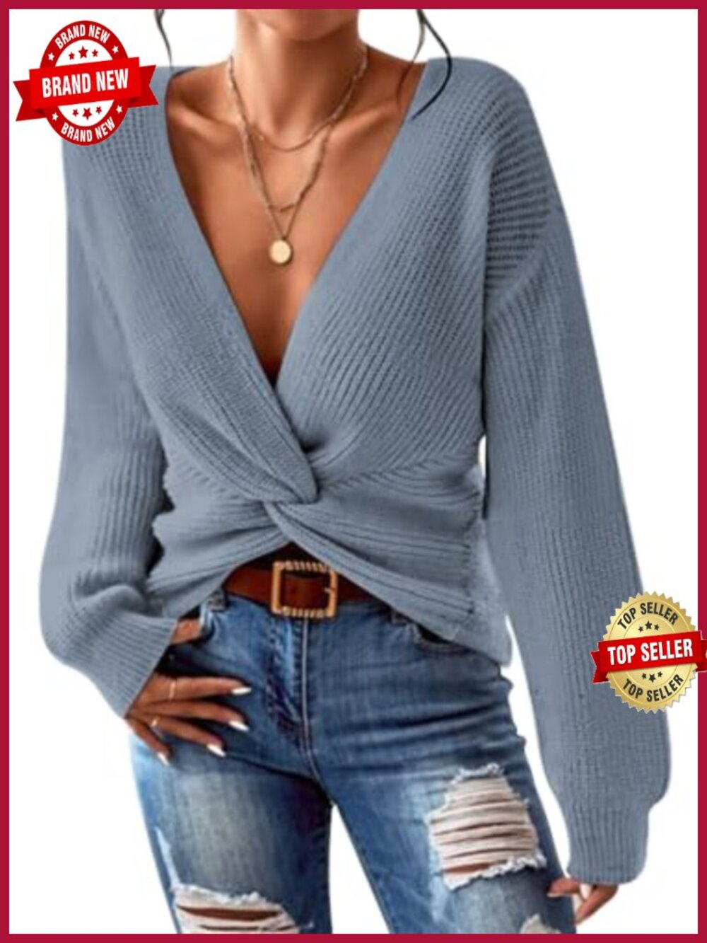 Deep V Neck Twist Front Cropped Sweater Long Sleeve Knit Pullover